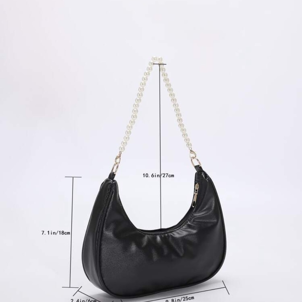Black Faux Leather Shoulder Bag with Pearl Bader Strap | NWT - Picture 8 of 8